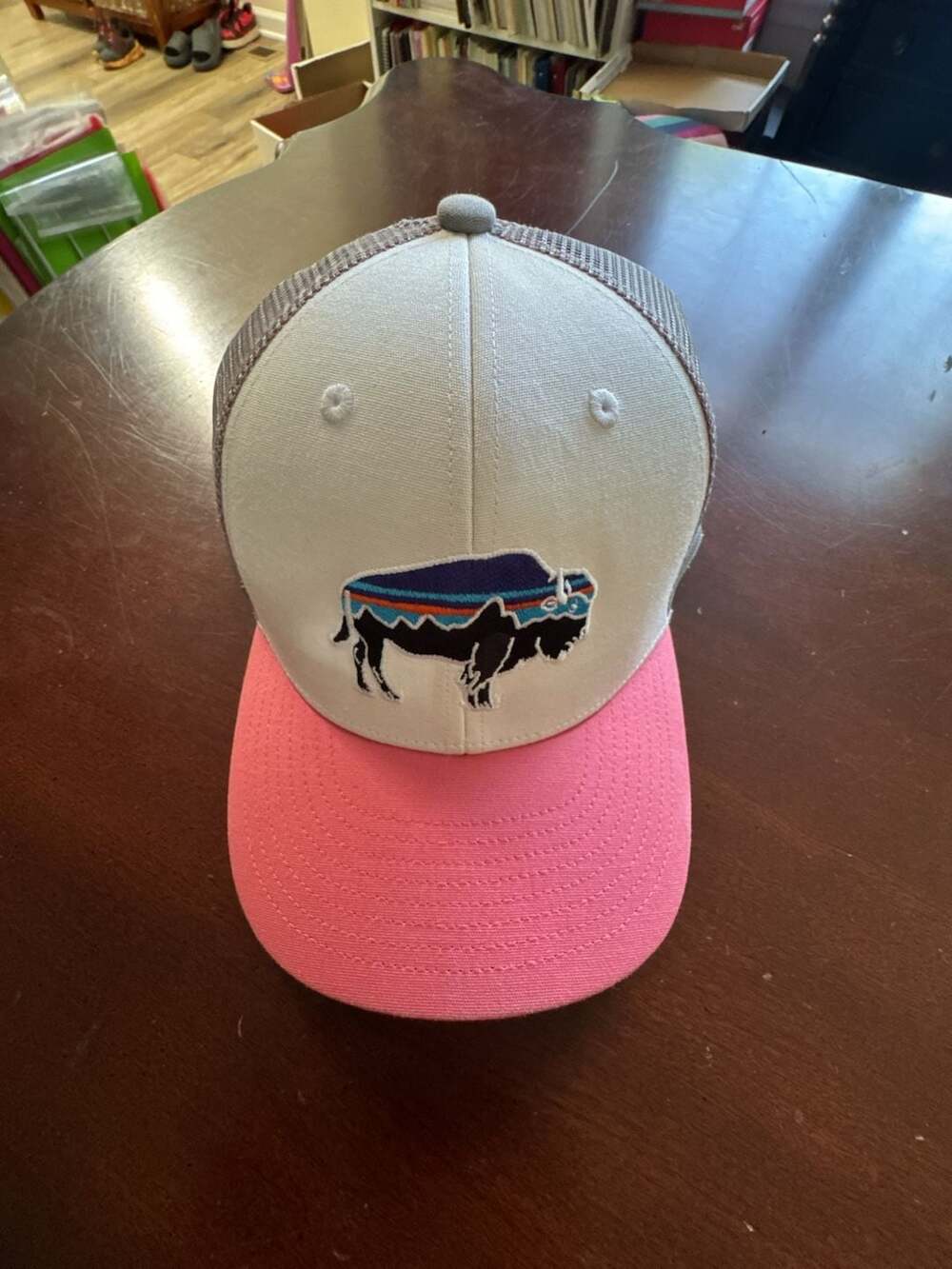 Patagonia Fitz Roy Bison Trucker Hat Pink White Gray Mesh Snapback Buffalo OS
P